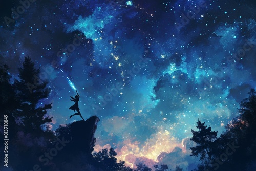 A magical night sky filled with fairies riding shooting stars, their silhouettes against a cosmic backdrop. The celestial color palette dreamy nightscapes