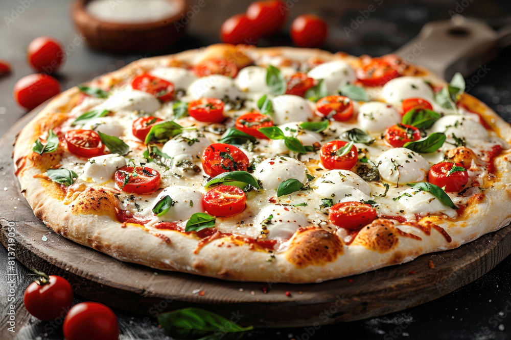 Artisanal Delight: Fresh Buffalo Mozzarella Pizza with Basil and Cherry Tomatoes