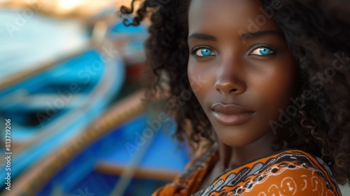 Maure woman with ebony curls, radiant cinnamon skin, and striking indigo eyes. She stands near the vibrant blue fishing boats in Nouadhibou, creating a dynamic play of colors between her traditional photo