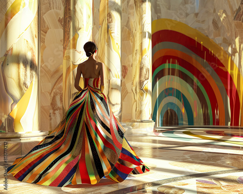 Art Deco Fashion, Geometric Patterns, Intricately designed gown inspired by Art Deco motifs, worn by a model in a lavish ballroom Photography, Golden Hour, Vignette photo