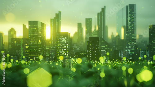 Bioluminescent Algae, Eco-Friendly Architecture, Urban skyline with green buildings, 3D render, Sunlight, Depth of field bokeh effect