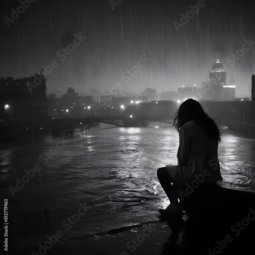 Wallpaper Mural Photo of a sad woman in the rain in black and white, city in the background Torontodigital.ca