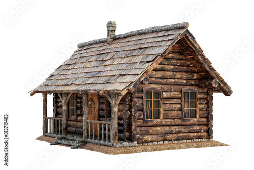 A log cabin with a porch and a chimney. The cabin is old and rustic, with a wooden exterior. The porch is a welcoming entrance to the cabin, and the chimney suggests that it is a cozy © Rattanathip
