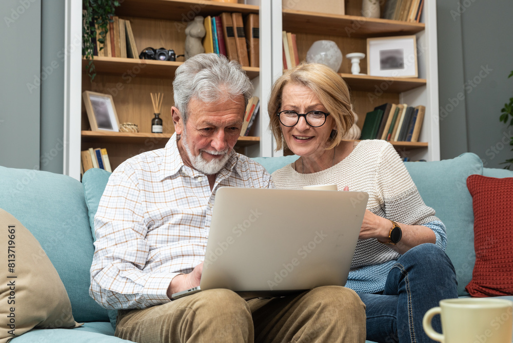 Simple living. Modern senior couple using laptop computer, searching the internet to find nice place for vacation. Older retired man and woman surfing the net for summer house on village to move. Simple living. Modern senior couple using laptop computer, searching the internet to find nice place for vacation. Older retired man and woman surfing the net for summer house on village to move.
