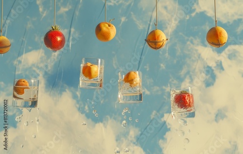 upside-down fruit baskets hanging from the sky, with fruits gracefully falling into glasses positioned below. The simple color palette of warm tones contrasts with the cool, clear liquid