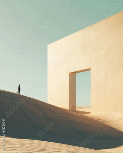 lone figure walking towards a mirage of a hidden doorway in the middle of a vast desert. The image plays with shadows and negative space, emphasizing the elusive and mystical nature of the mirage.