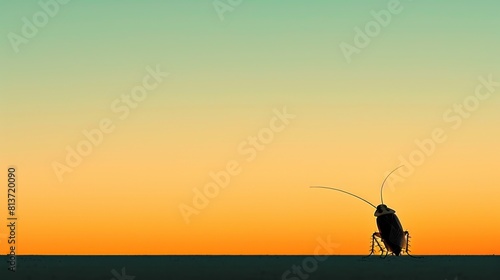 A minimalist composition with a single cockroach silhouetted against a gradient sunset sky, evoking a sense of resilience and survival.