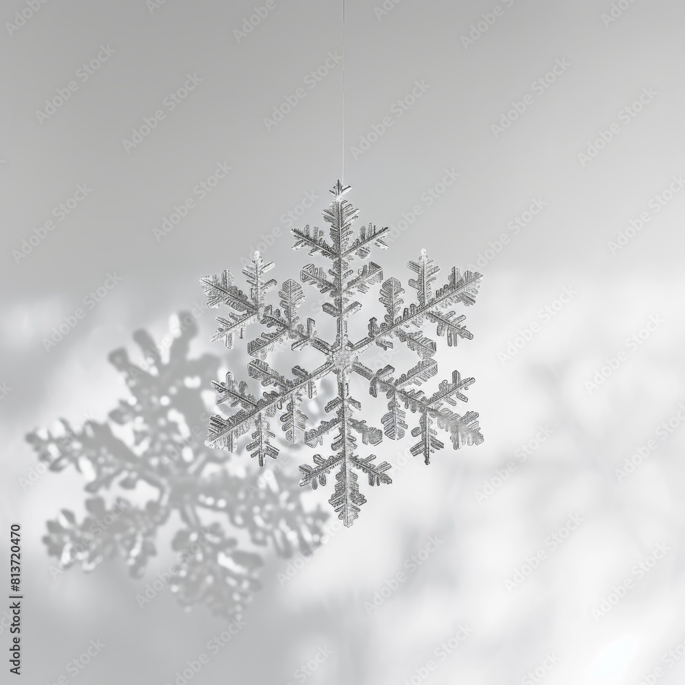 minimalist solitary snowflake delicately suspended in midair, casting a soft shadow on a pristine, powder-white background. The intricate details of the snowflake are magnified, revealing its unique