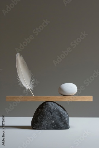 A minimalist image of a perfectly balanced scale with a feather on one side and a stone on the other, symbolizing the contrast between lightness and heaviness.