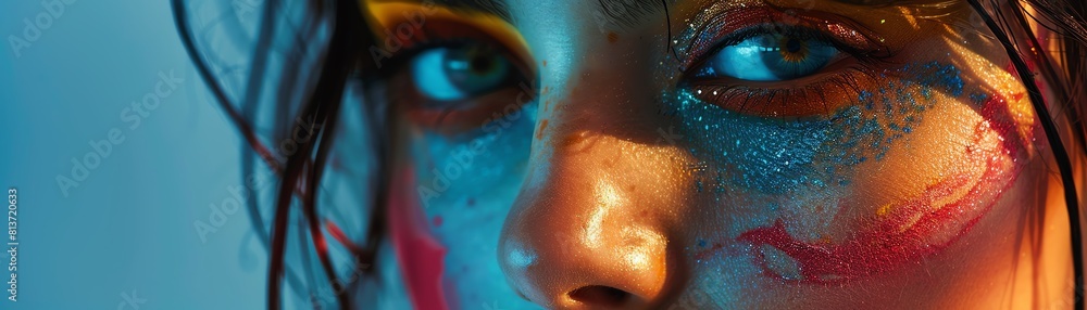 Fototapeta premium Artistic portrait of a young woman in a creative makeup look, dramatic and expressive