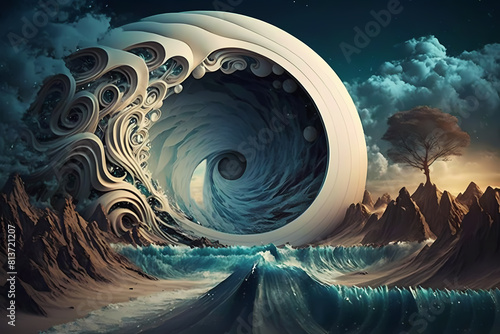 A stunning wave painting with mountainous natural landscape. photo