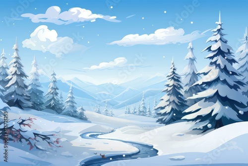 Illustration of a peaceful winter scene with snowy fir trees and a meandering river © juliars