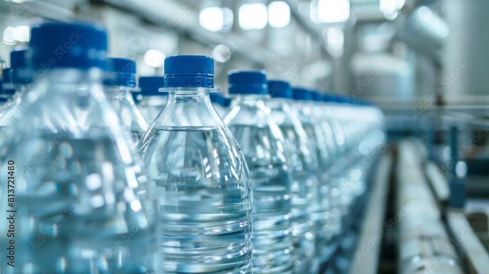 Closeup on mineral water bottles in raw and lines Closeup on mineral water bottles in raw and lines