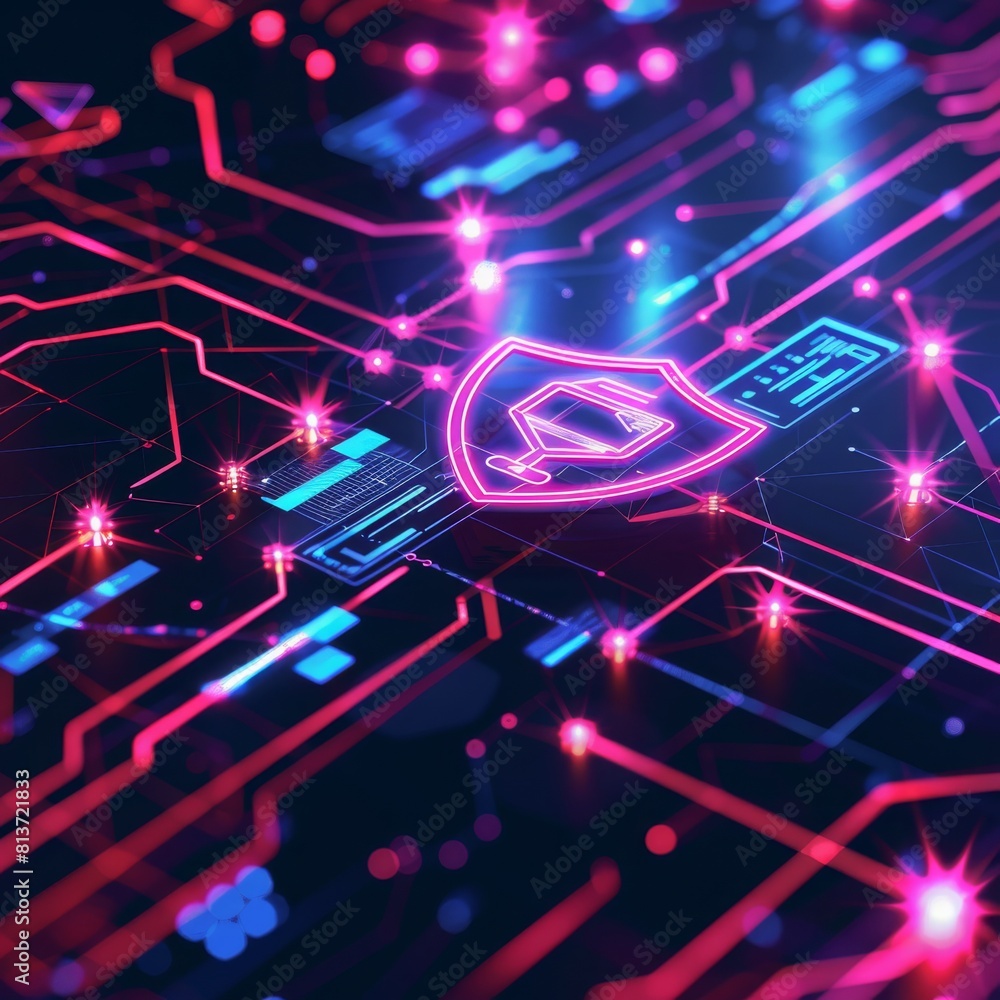 Detailed close-up of a high-tech cybersecurity chip on a circuit board, illuminated with vibrant neon lights.
Detailed close-up of a high-tech cybersecurity chip on a circuit board, illuminated with vibrant neon lights.