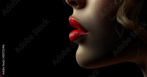 A woman's lips are painted red. The lips are very prominent in the image. a partial side profile of a female face against a stark black background. exquisite detail of the face, emphasising the lips
