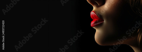 A woman's lips are painted red. The lips are very prominent in the image. a partial side profile of a female face against a stark black background. exquisite detail of the face, emphasising the lips