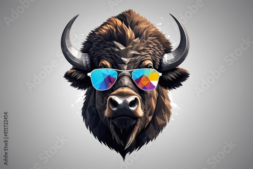 a bison wearing sunglasses and a gray background, geometric abstract art.