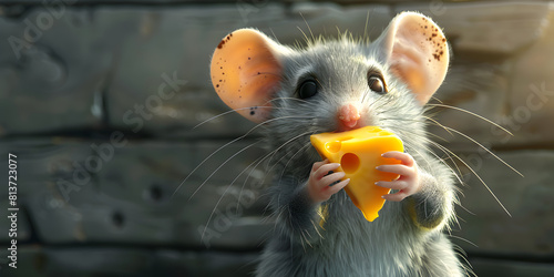 Cute Gray Mouse Holding a Piece of Yellow Cheese, Capture the Charm of a Curious Little Rodent Enjoying a Snack