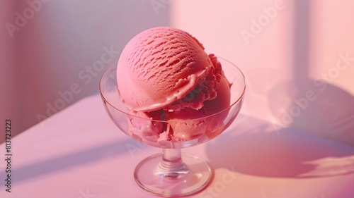  A sophisticated image of a scoop of artisanal rosewater ice cream, placed in a dainty glass bowl on a subtle pastel backdrop, highlighting its natural colors and velvety texture with refined shadows 