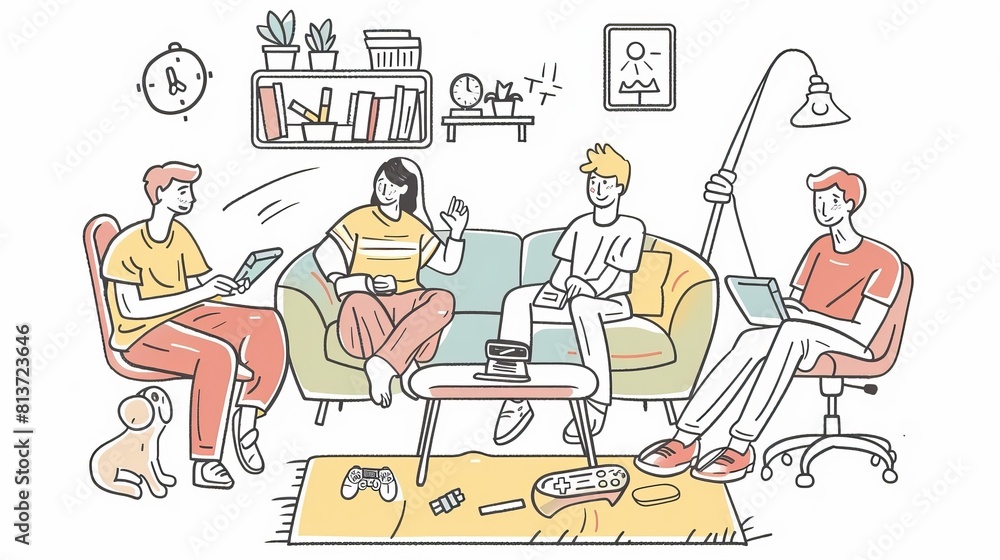 Playing board games, playing video games at home, chatting in a cafe, playing board games with friends are all common activities. Line art flat modern set of young men and women playing video games Playing board games, playing video games at home, chatting in a cafe, playing board games with friends are all common activities. Line art flat modern set of young men and women playing video games