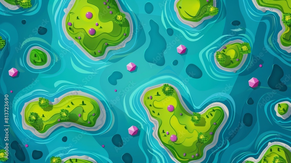 Animated cartoon illustration of a level map with green islands in sea and icons with numbers. Top view of blue water and islands with grass, stones, and pink gems. Animated cartoon illustration of a level map with green islands in sea and icons with numbers. Top view of blue water and islands with grass, stones, and pink gems.