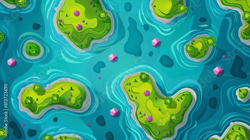 Animated cartoon illustration of a level map with green islands in sea and icons with numbers. Top view of blue water and islands with grass  stones  and pink gems.
