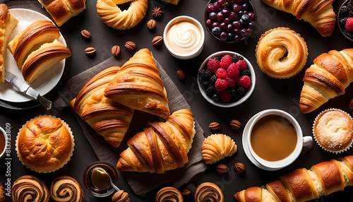 freshly baked pastries, including croissants, muffins, and Danishes, breakfast companion photo