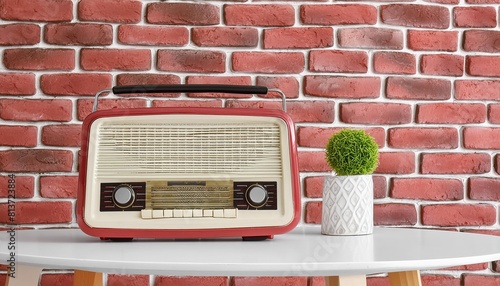 Old vintage radio onwhite wooden table and red brick wall interior photo