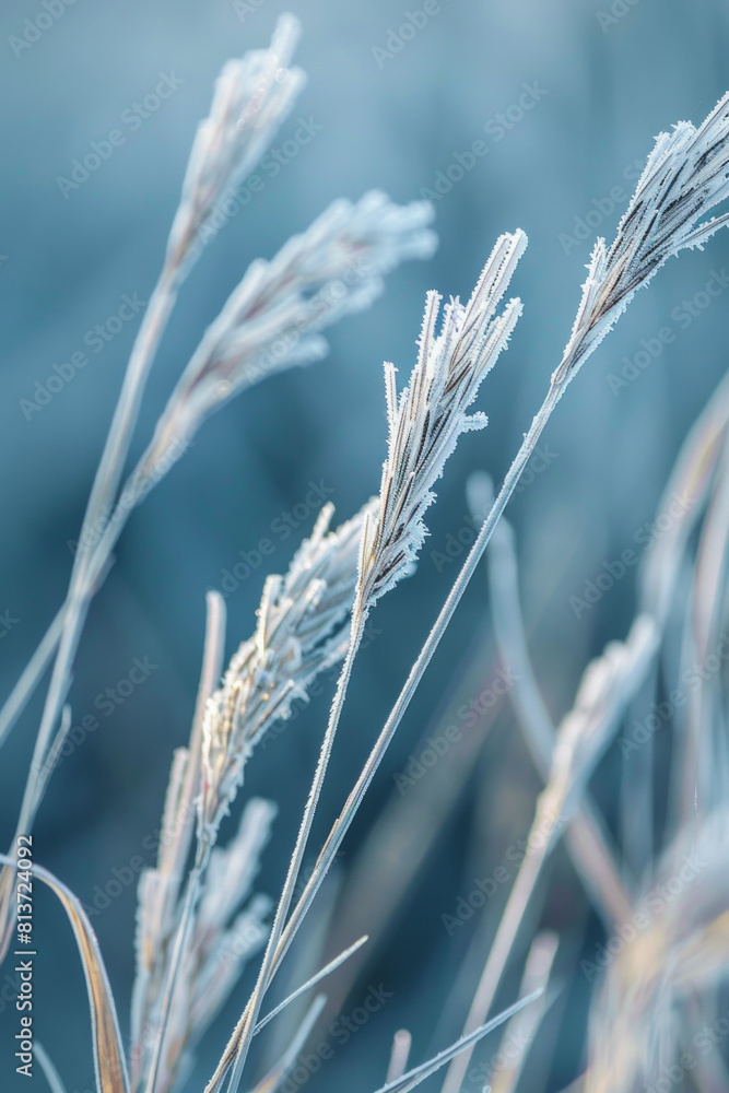Closeup view of the patterns of frost on blades of grass, with their icy crystals and intricate textures creating a mesmerizing composition Closeup view of the patterns of frost on blades of grass, with their icy crystals and intricate textures creating a mesmerizing composition