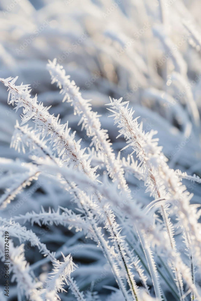 Closeup view of the patterns of frost on blades of grass, with their icy crystals and intricate textures creating a mesmerizing composition Closeup view of the patterns of frost on blades of grass, with their icy crystals and intricate textures creating a mesmerizing composition