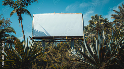 a billboard mockup against a breathtaking waterfall backdrop, with cascading water and lush vegetation creating a captivating setting for outdoor advertising photo