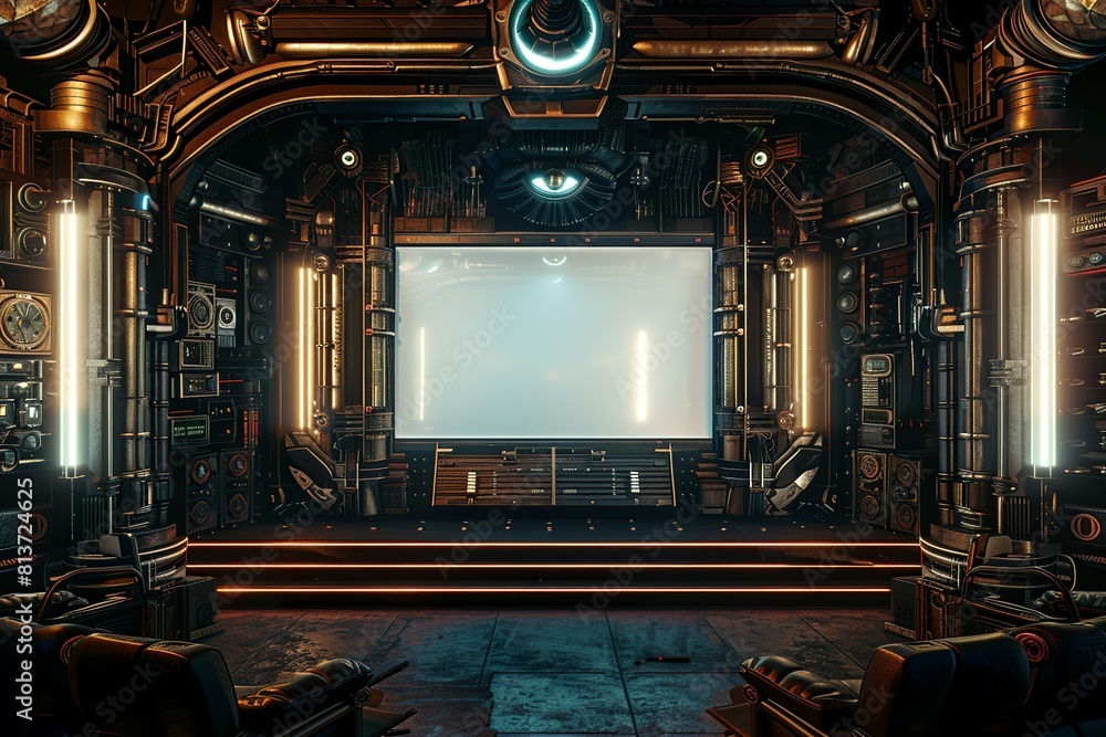 Retrofuturistic television theater screen frame glowing in arcade game chamber interior