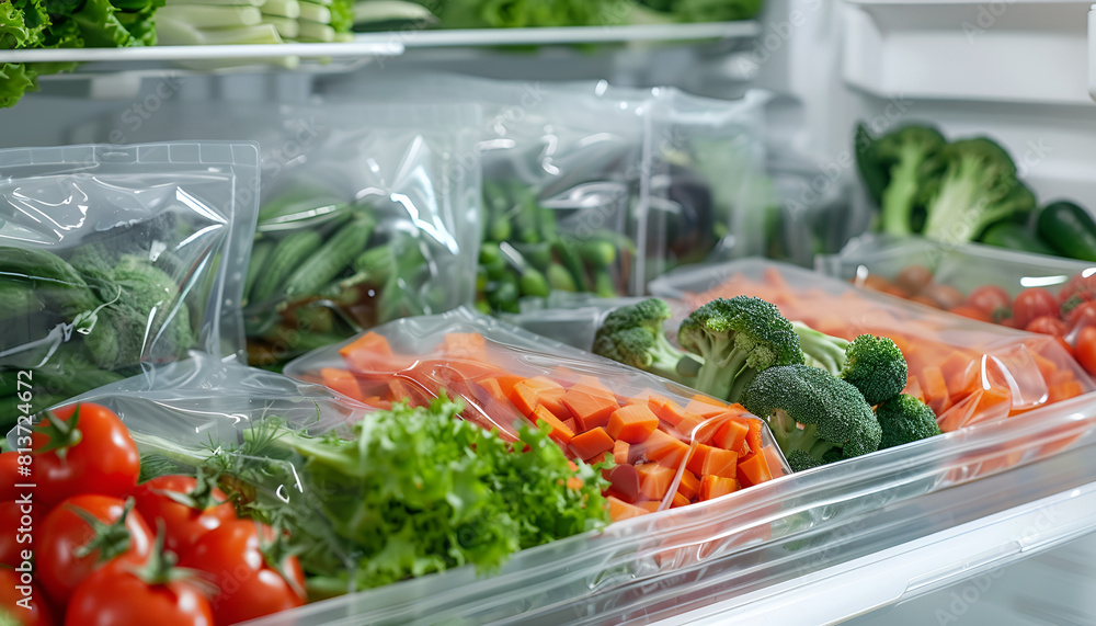 Vacuum bags with different vegetables in fridge, space for text. Food storage Vacuum bags with different vegetables in fridge, space for text. Food storage