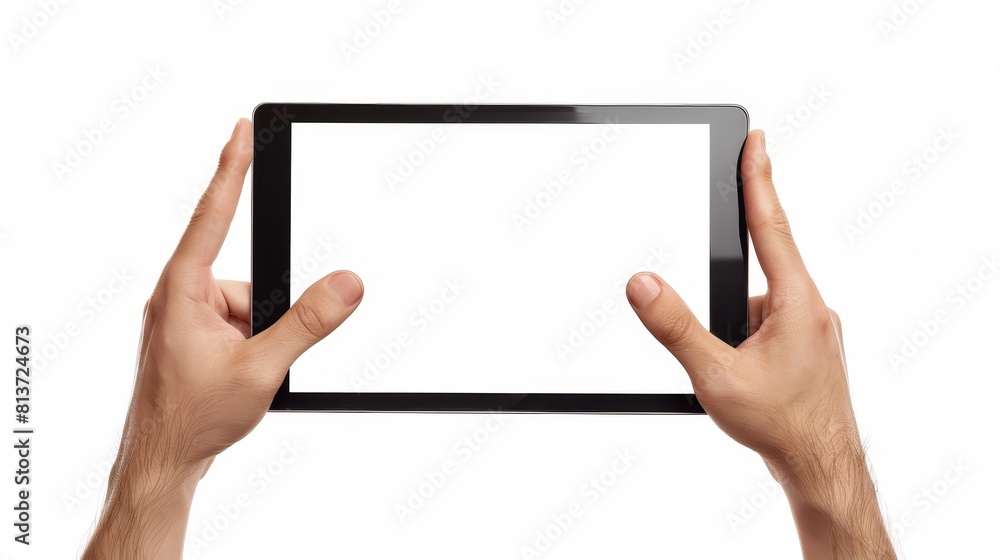 The hands of a man holding a tablet computer with a blank screen pointing or clicking with fingers on a touchscreen, isolated on white in 3d render.