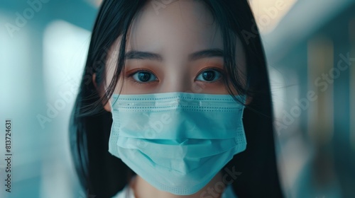 An Asian woman with amazing dark eyes and black hair looks confidently ahead to the bright future while wearing a face mask.