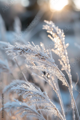 Closeup view of the patterns of frost on blades of grass  with their icy crystals and intricate textures creating a mesmerizing composition