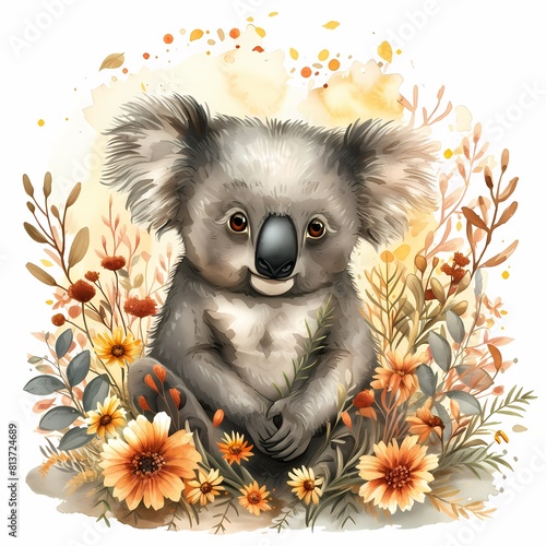 A heartwarming koala sits amidst lush flowers in this vibrant and colorful digital illustration
