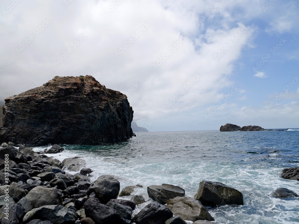 Seaside view to the beach Almáciga Beach (Playa de Almáciga) from the Roque de las Bodegas, Almáciga, Anaga Rural Park, Santa Cruz de Tenerife, Canary Islands, Spain Seaside view to the beach Almáciga Beach (Playa de Almáciga) from the Roque de las Bodegas, Almáciga, Anaga Rural Park, Santa Cruz de Tenerife, Canary Islands, Spain