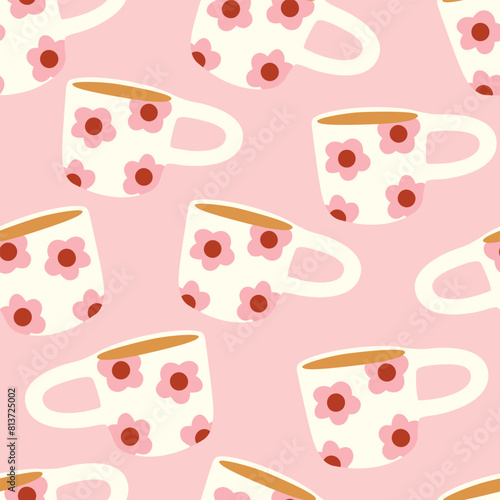 Seamless vector pattern with colorful ceramic cups. Cute background with hand made floral mugs. Retro funky kitchen decor. Wallpaper, wrapping paper, textile design