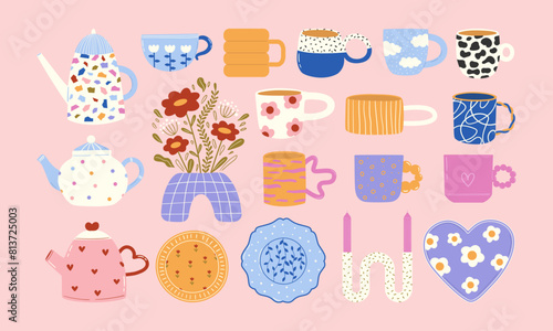 Set of colorful ceramic objects. Cute mugs, cups, plates, teapots, vase and candlestick. Retro funky kitchen decor. Bizzare clay tableware. Vector illustrations