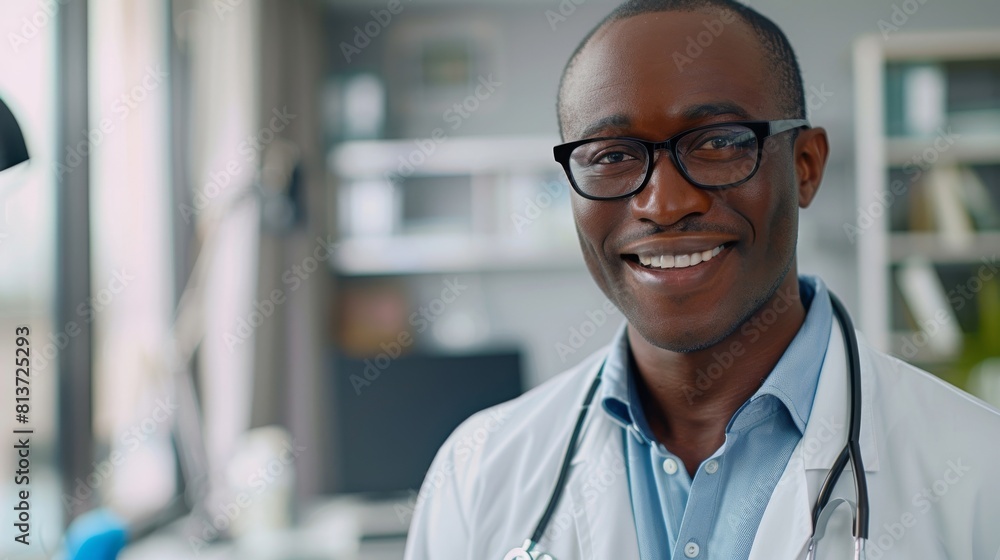 Black physician in white lab coat looking at the camera and smiling in hospital office with headphones on, wearing glasses and wearing a hospital coat. Portrait of happy African American family Black physician in white lab coat looking at the camera and smiling in hospital office with headphones on, wearing glasses and wearing a hospital coat. Portrait of happy African American family