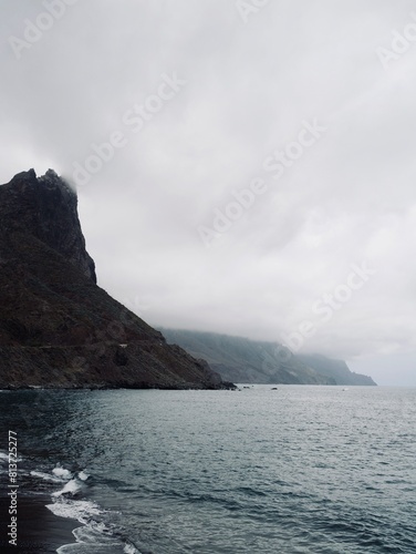 Seaside view to the beach Playa del Roque de las Bodegas and Roque de las Animas mountain from the Roque de las Bodegas, Almáciga, Anaga Rural Park, Santa Cruz de Tenerife, Canary Islands, Spain