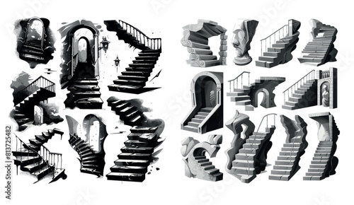 Ladders with mysterious stairways, dreamy stairwells and abstract levels. Black and white modern illustration of a surreal staircase.