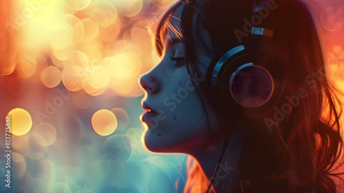 A breathtaking glimpse of a girl adorned with glamorous headphones, set against a soft, blurred backdrop, creating a sense of intimacy and allure in the tranquil atmosphere.