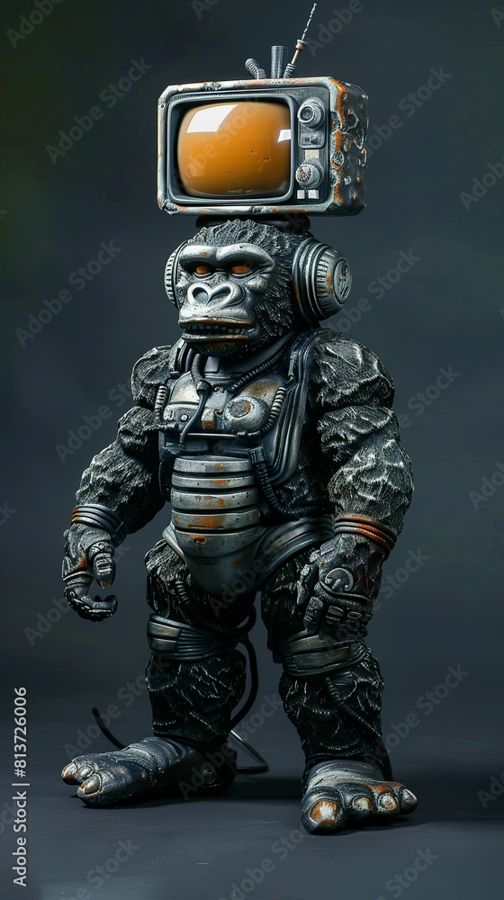 Retro sci-fi gorilla astronaut with a tv on his head robot full body sculpture Retro sci-fi gorilla astronaut with a tv on his head robot full body sculpture