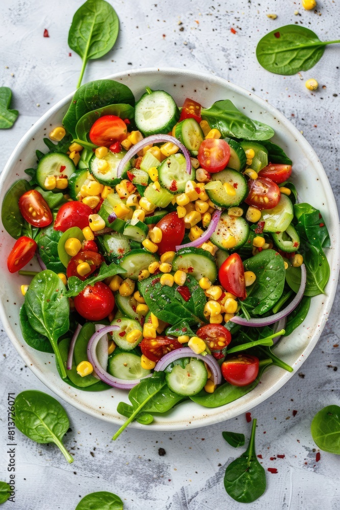 diet salad salad of tomatoes, cucumbers, greens and corn. Selective focus diet salad salad of tomatoes, cucumbers, greens and corn. Selective focus
