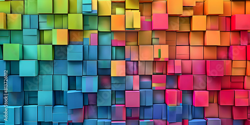 A multicolored wall made up of cubes of different sizes  Vibrant Cubist Wall A Colorful Array of Dimensional Blocks