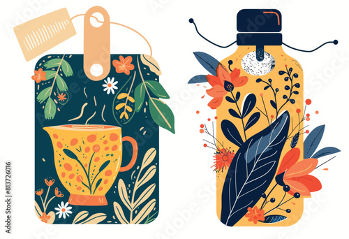 Design of labels for tea packaging. Food background banner for modern product with organic leaves and flowers.