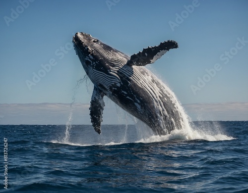 A close-up shot of a majestic humpback whale breaching the surface of the ocean, its massive body suspended in mid-air