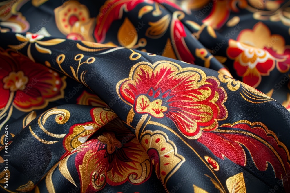 Red and yellow floral motif on fabric in the form of Khokhloma painting on a black background. Pattern for clothing and textile printing. National natural print, Khokhloma. Red and yellow floral motif on fabric in the form of Khokhloma painting on a black background. Pattern for clothing and textile printing. National natural print, Khokhloma.